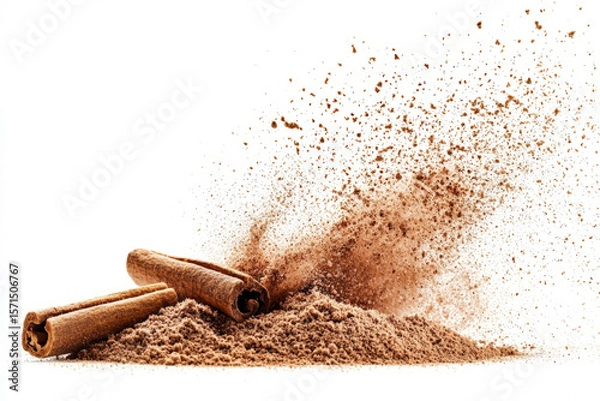 Obraz Rich brown cinnamon powder in a neat pile with a light dusting around it, on a white background