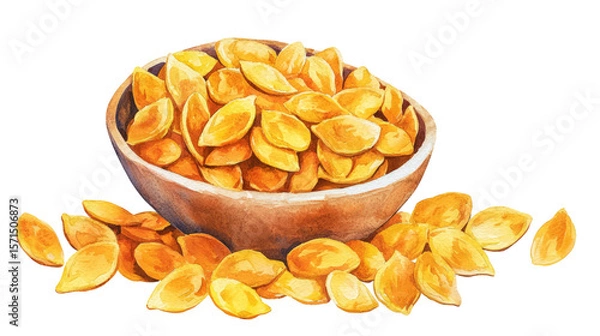 Obraz Pumpkin seeds spilling out of a bowl, watercolor, on a white background