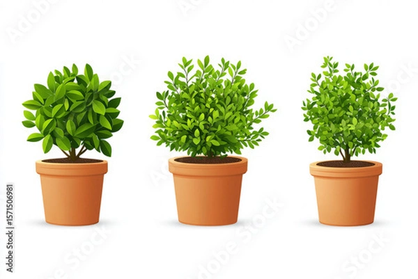 Obraz set decorative garden bush in a pot with small shiny leaves, white background.