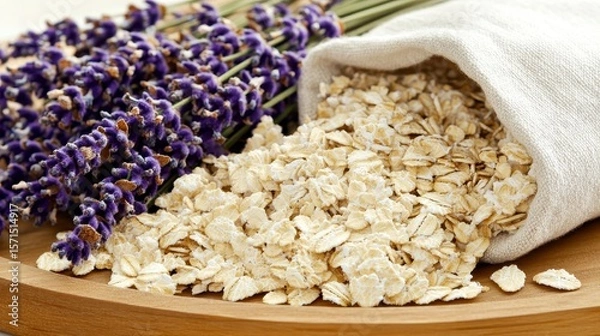 Fototapeta Fresh Oats Spilled from a Bag with Lavender on a Wooden Surface
