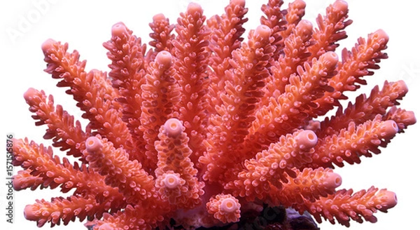 Obraz Vibrant pink staghorn coral branch with intricate polyps showcasing detailed texture and structure isolated on white background