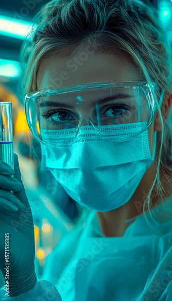 Fototapeta Female scientist in protective gear working in a laboratory setting