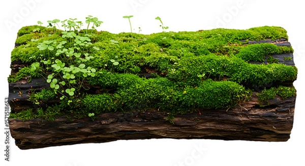 Obraz A lush green moss covered log with small clover sprouts emerging from the dense mossy surface isolated on white background