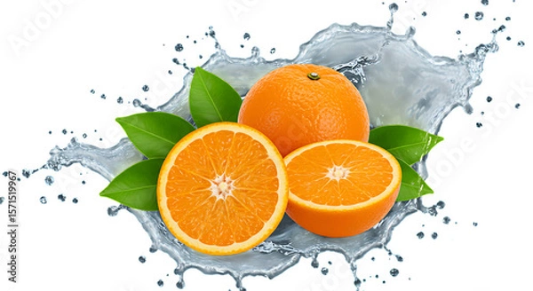 Obraz Vibrant whole and halved oranges with fresh green leaves surrounded by a dynamic water splash isolated on white background