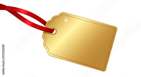 Obraz Elegant golden gift tag with a bright red satin ribbon attached perfect for branding and promotions isolated on white background