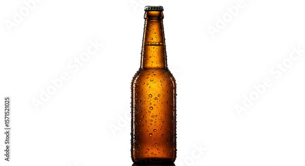 Obraz A single amber glass bottle of cold refreshing beer covered in condensation droplets isolated on a clean white background isolated on white background
