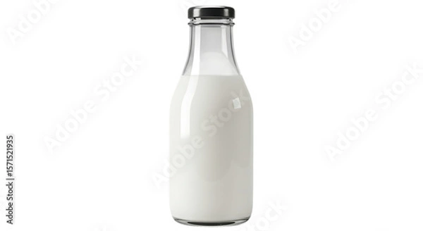 Obraz Clear glass bottle filled with fresh white milk and a silver metal cap isolated on white background