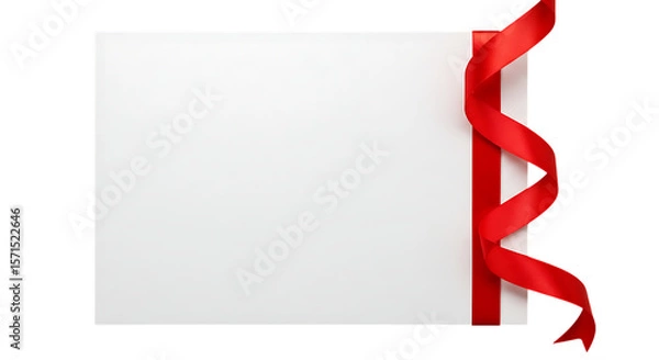 Obraz A blank white card adorned with a vibrant red satin ribbon curled elegantly along its right edge isolated on white background