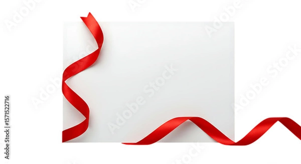 Obraz A vibrant red satin ribbon gracefully curves across a blank white square card creating a festive and elegant decorative element isolated on white background