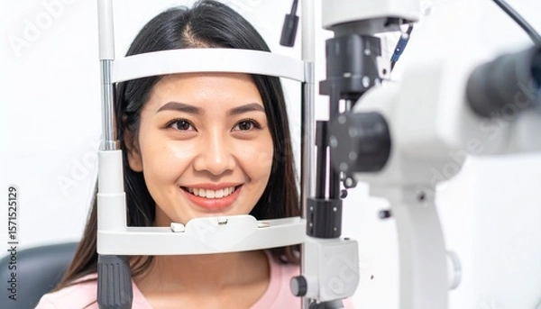 Fototapeta Happy Young Woman Undergoing Eye Examination.