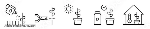 Obraz Conjunto de iconos de cuidado de plantas. Acciones para plantas sanas. Riego, podar, luz solar, protección contra plagas y control de temperatura. Ilustración vectorial