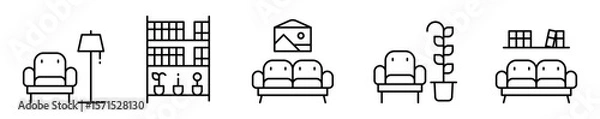 Obraz Conjunto de iconos de decoración interior. Muebles y objetos decorativos. Sillón con lámpara, estante con libros, sala, planta, librero