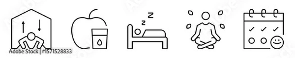 Obraz Conjunto de iconos de hábitos saludables en casa. Prácticas de bienestar físico y mental. Ejercicio físico, alimentación sana, dormir bien, meditación y organización 