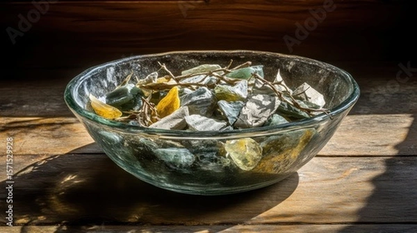 Fototapeta Decorative Bowl of Colorful Stones with Natural Twigs Under Light
