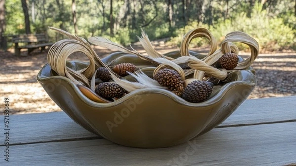 Fototapeta Decorative Bowl with Natural Elements and Acorns in Forest Setting