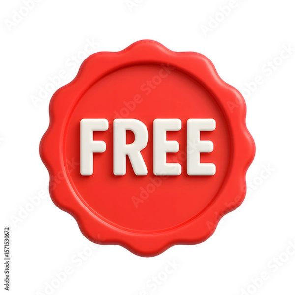 Obraz 3D red free label icon with round glossy seal design, isolated on transparent background
