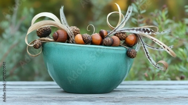 Fototapeta Decorative Bowl with Natural Elements and Acorns on Wooden Surface