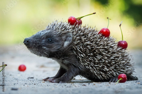 Obraz In the summer in the forest a small hedgehog runs across a path.