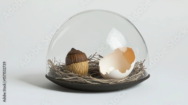Fototapeta Decorative Display of Eggshell and Acorn in Glass Dome