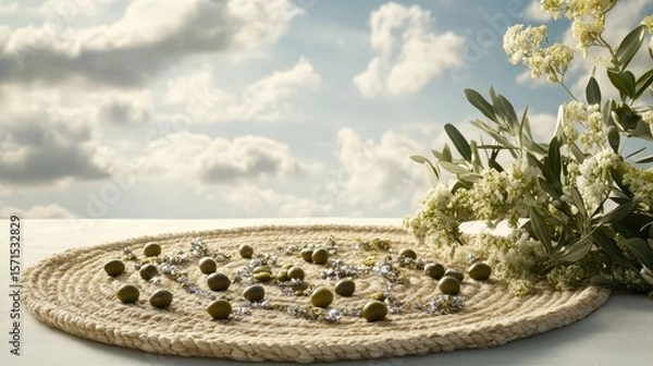 Fototapeta Decorative Display with Olive, Flowers, and Sky Background