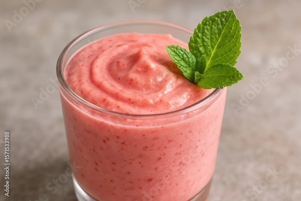 Fototapeta Savor the freshness of summer with this vibrant strawberry smoothie, garnished with a sprig of mint
