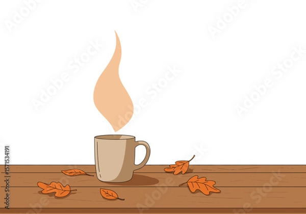 Fototapeta Warm cup of coffee steaming on wooden table with autumn leaves  