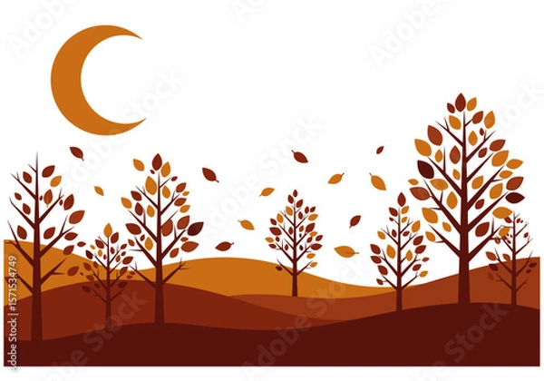 Fototapeta Autumn landscape with colorful trees and moon on white background  