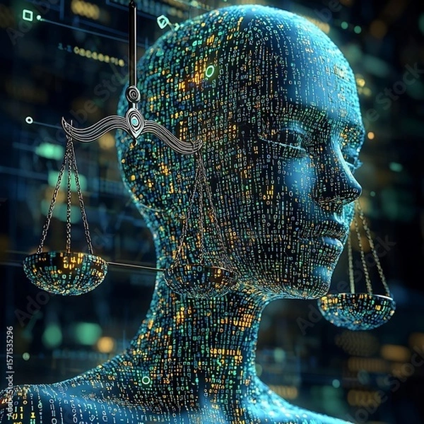Fototapeta Binary code forming human face and a scale of justice AI and Moral Responsibility infographic symbolic composition ethics overlay digital art