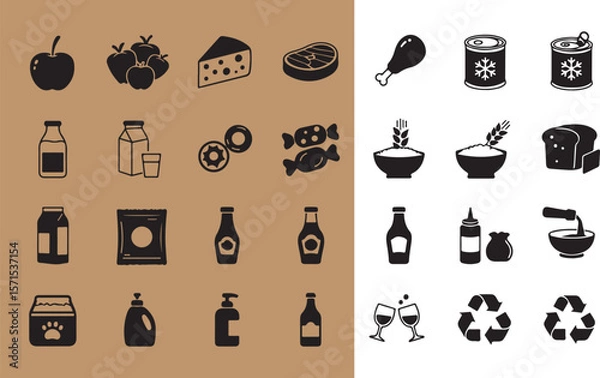 Fototapeta Set of black and white icons representing food drink and recycling symbols isolated