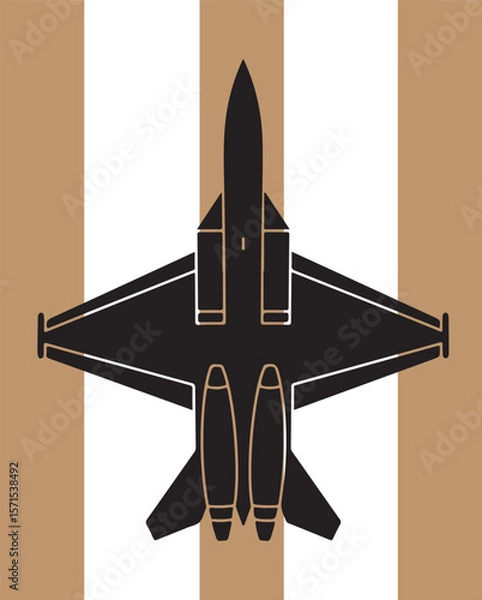 Fototapeta Illustrated overhead view of a military jet airplane with a striped background in minimalist style