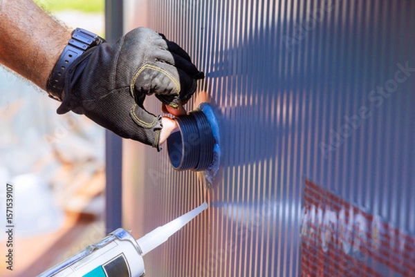 Fototapeta Worker applies sealant filtration system to swimming pool while wearing gloves during construction work.