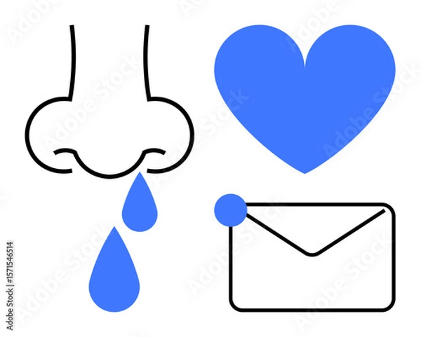 Obraz Nose with droplets, heart, and envelope. Ideal for health, emotion, care, communication, email relationships messages. Perfect for a simple landing page