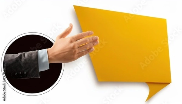 Obraz Creative Communication Concept Hand Grasping Yellow Speech Bubble in Collage Banner