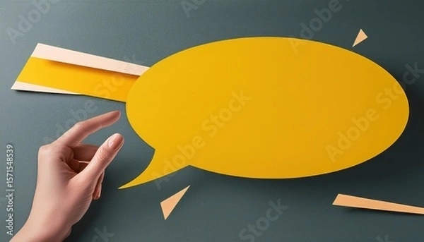 Obraz Creative Communication Concept Hand Grasping Yellow Speech Bubble in Collage Banner