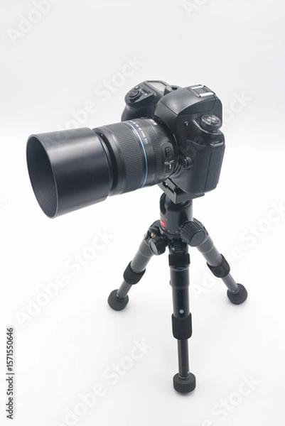 Fototapeta Camera on tripod positioned for capturing clear images in a studio setting with neutral background during indoor photography session