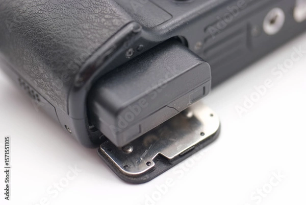 Fototapeta Close up view of a camera battery compartment showing detailed components and structure