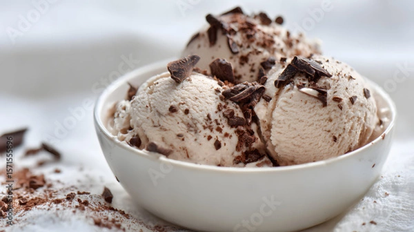 Fototapeta Triple Chocolate Ice Cream Served in a Clean White Bowl with Chocolate Shavings on Top