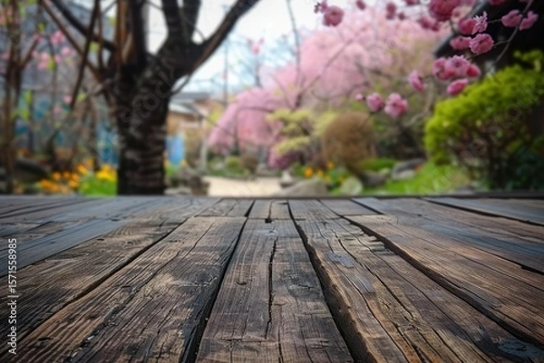 Obraz Spring blossom garden background with wooden table
