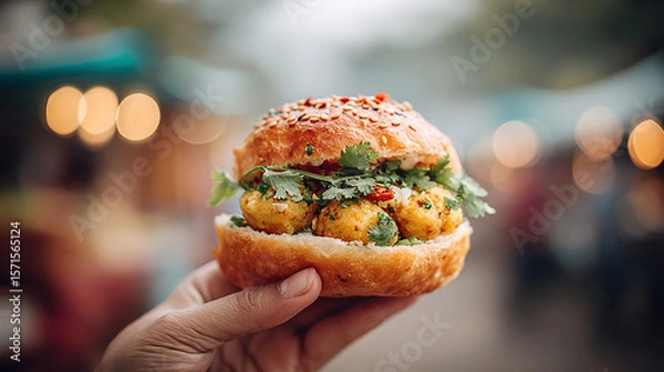Obraz Delicious vada pav with fresh coriander in soft bun, perfect street food!