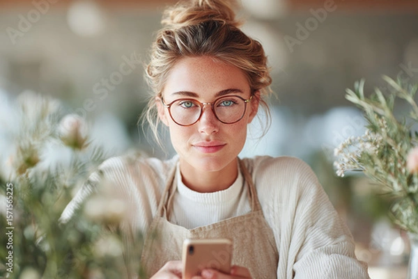 Obraz Young woman using smartphone in cafe, focused and engaged
