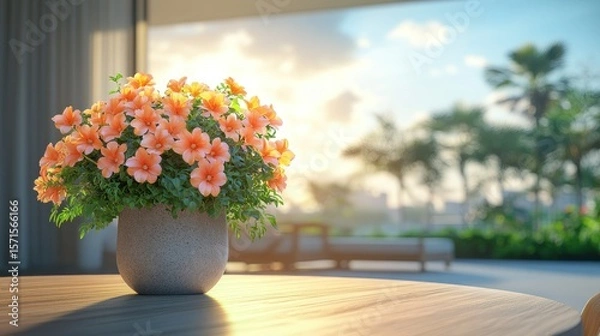 Fototapeta Orange blossoms in a vase on a patio table, sunlight streaming through