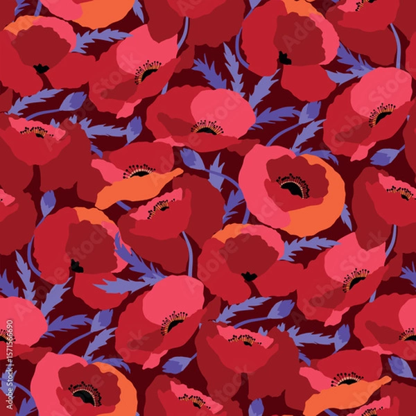 Fototapeta Red Poppies hand drawn vector seamless pattern
