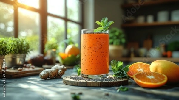 Fototapeta Orange smoothie with seeds and herbs