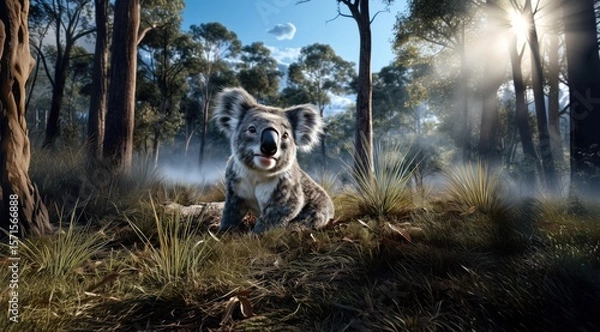 Fototapeta Un koala assis dans l'herbe dans une forêt australienne, la lumière du soleil traversant les arbres avec une légère brume flottant dans l'air.