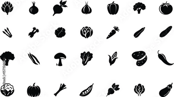 Fototapeta Collection of black silhouette icons representing various fresh vegetables on a white background