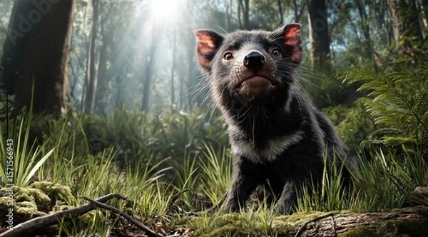 Fototapeta Un diable de Tasmanie adorable, portrait en gros plan, assis dans l'herbe dans une forêt australienne, la lumière du soleil traversant les arbres avec une légère brume flottant dans l'air.