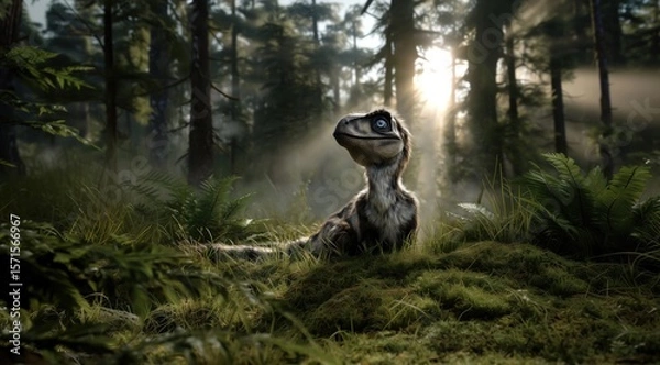 Fototapeta Un bébé dinosaure velociraptor dans une forêt préhistorique, lumière du soleil traversant les arbres.