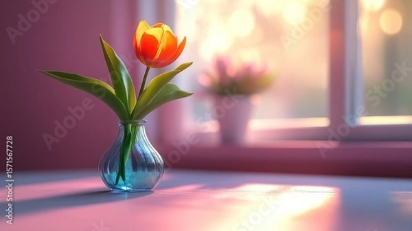 Fototapeta Orange tulip in a vase by a window. Sunlight streams in