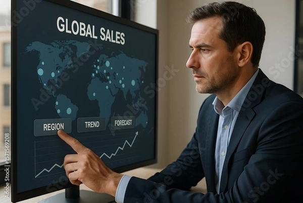 Fototapeta An engaged businessman in a suit focuses intently on a large computer monitor. Displaying a world map and charts highlighting "Global Sales" for analysis, decision making, and planning.