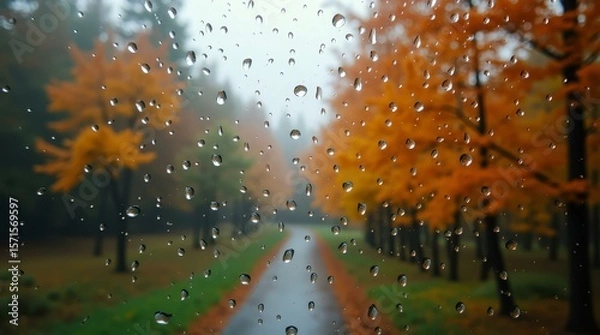 Fototapeta Raindrops on glass with fall forest — horizontal cozy template for blogs, branding, and ads.